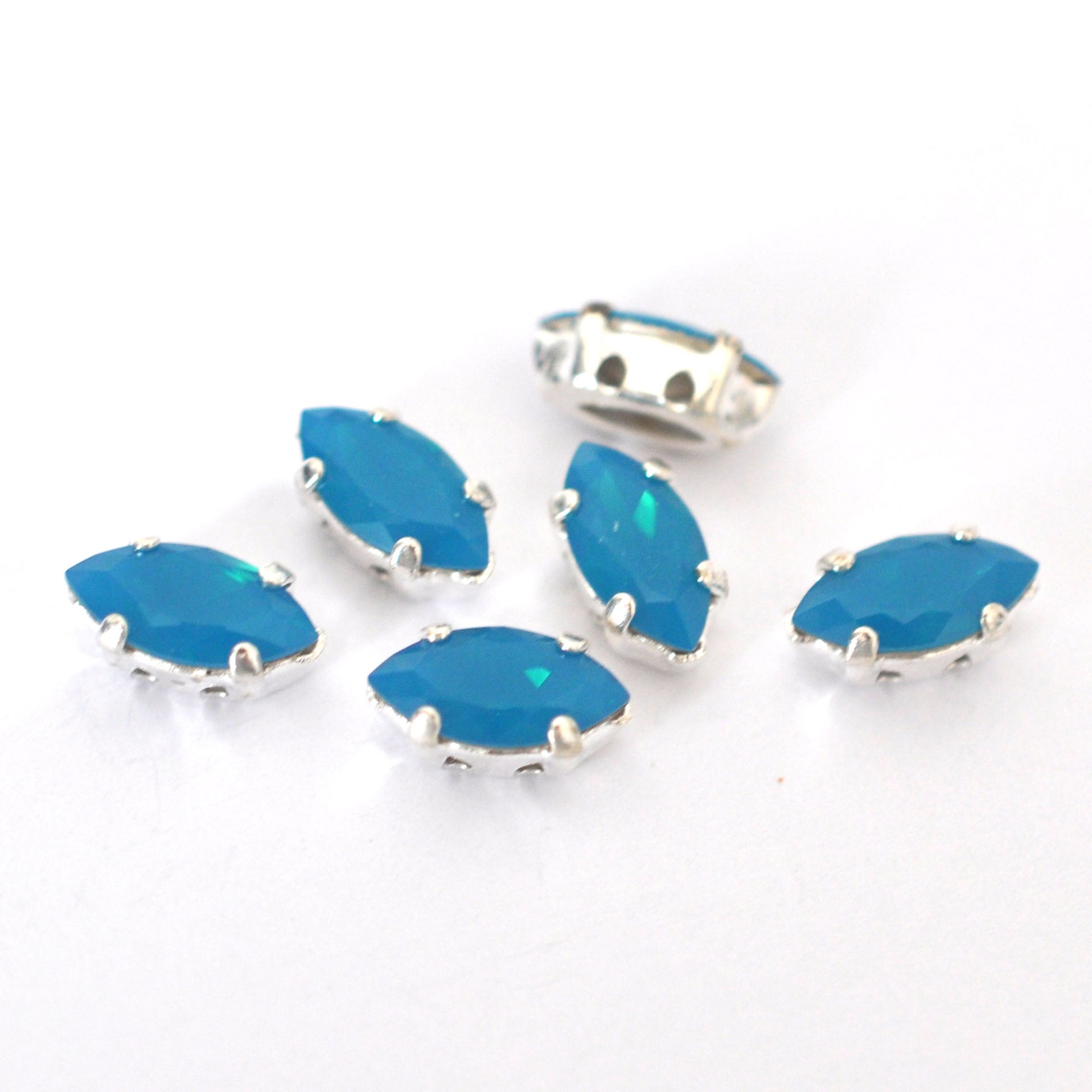 Caribbean Blue Opal 10x5mm Navette Sew On Crystals - 6 Pieces