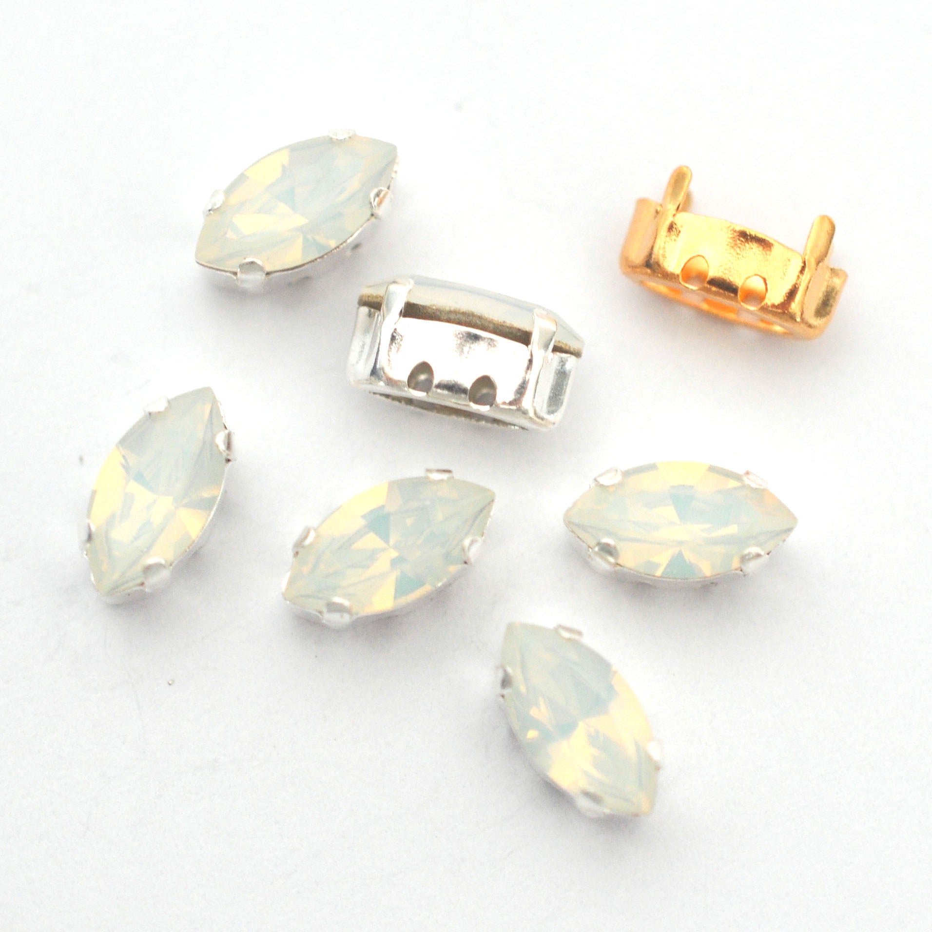 White Opal 10x5mm Navette Sew On Crystals - 6 Pieces