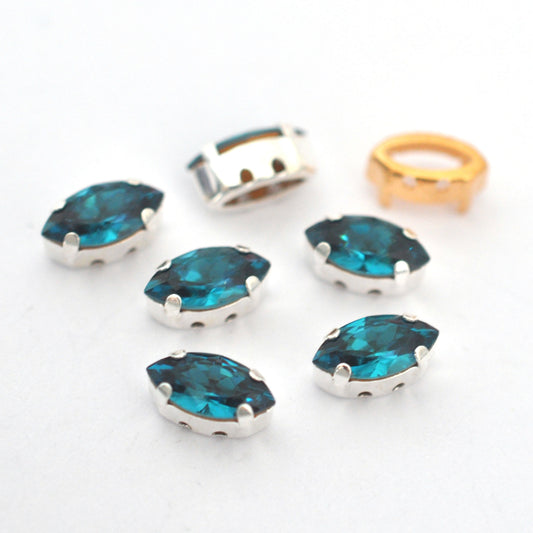 Indicolite 10x5mm Navette Sew On Crystals - 6 Pieces