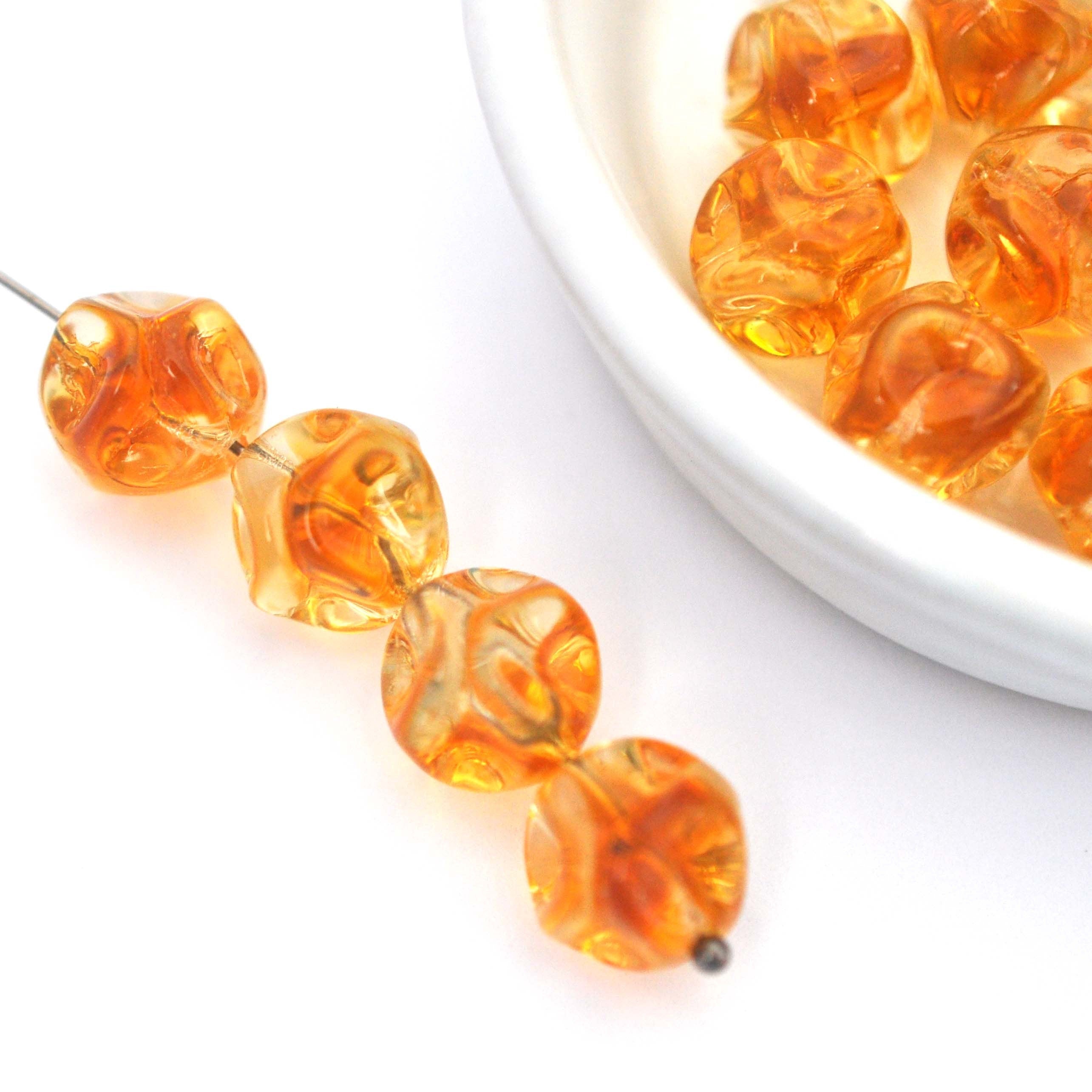 Topaz Two Tone 11MM Crinkle Beads Vintage West German Glass Beads - 6 Beads