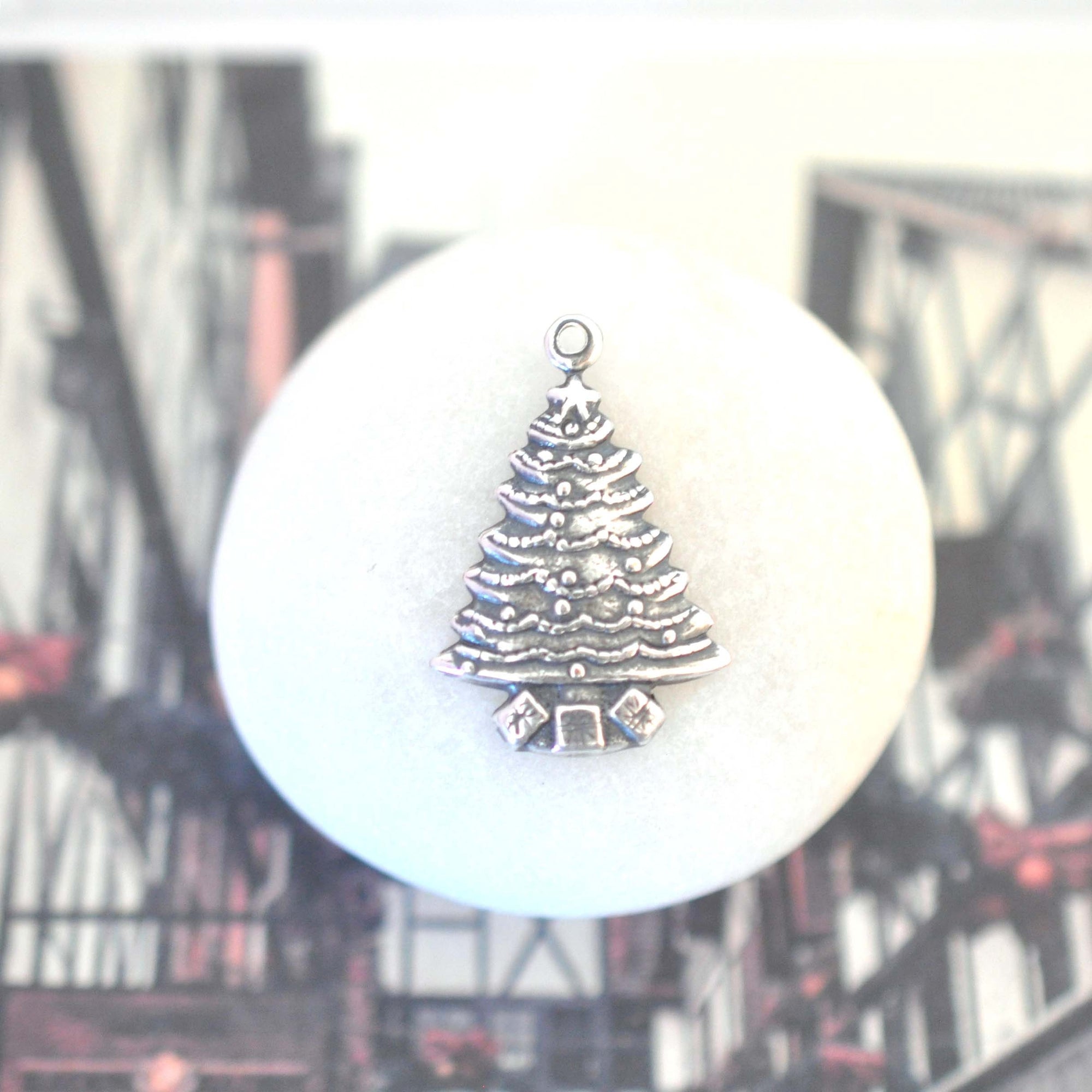 Antique Silver Ox Classic Christmas Tree Brass Charm - ASB130