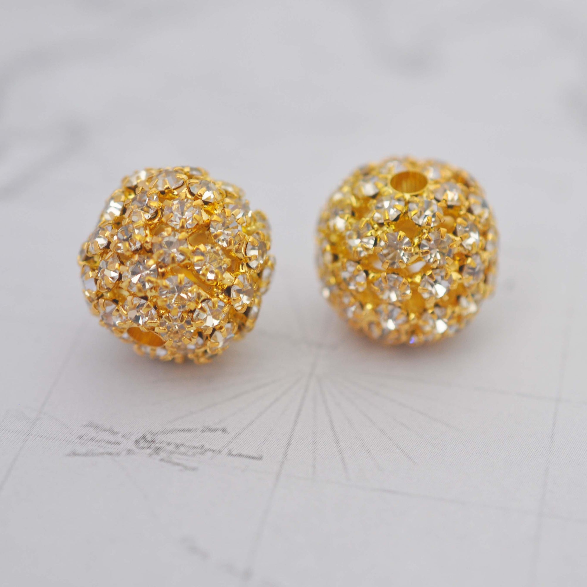 Large Gold Plated Rhinestone Bead Balls 18MM - Pair Of Bead Balls (2 Pieces)