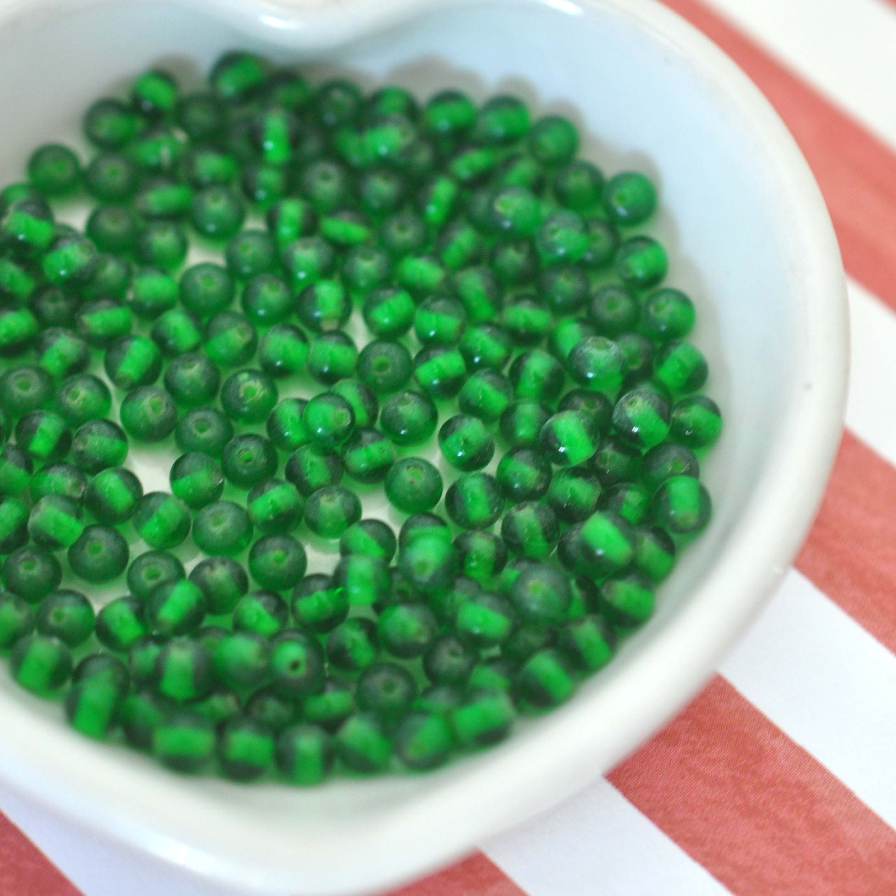 Emerald Green 4MM Round Glass Beads Vintage Cherry Brand - 100 Beads