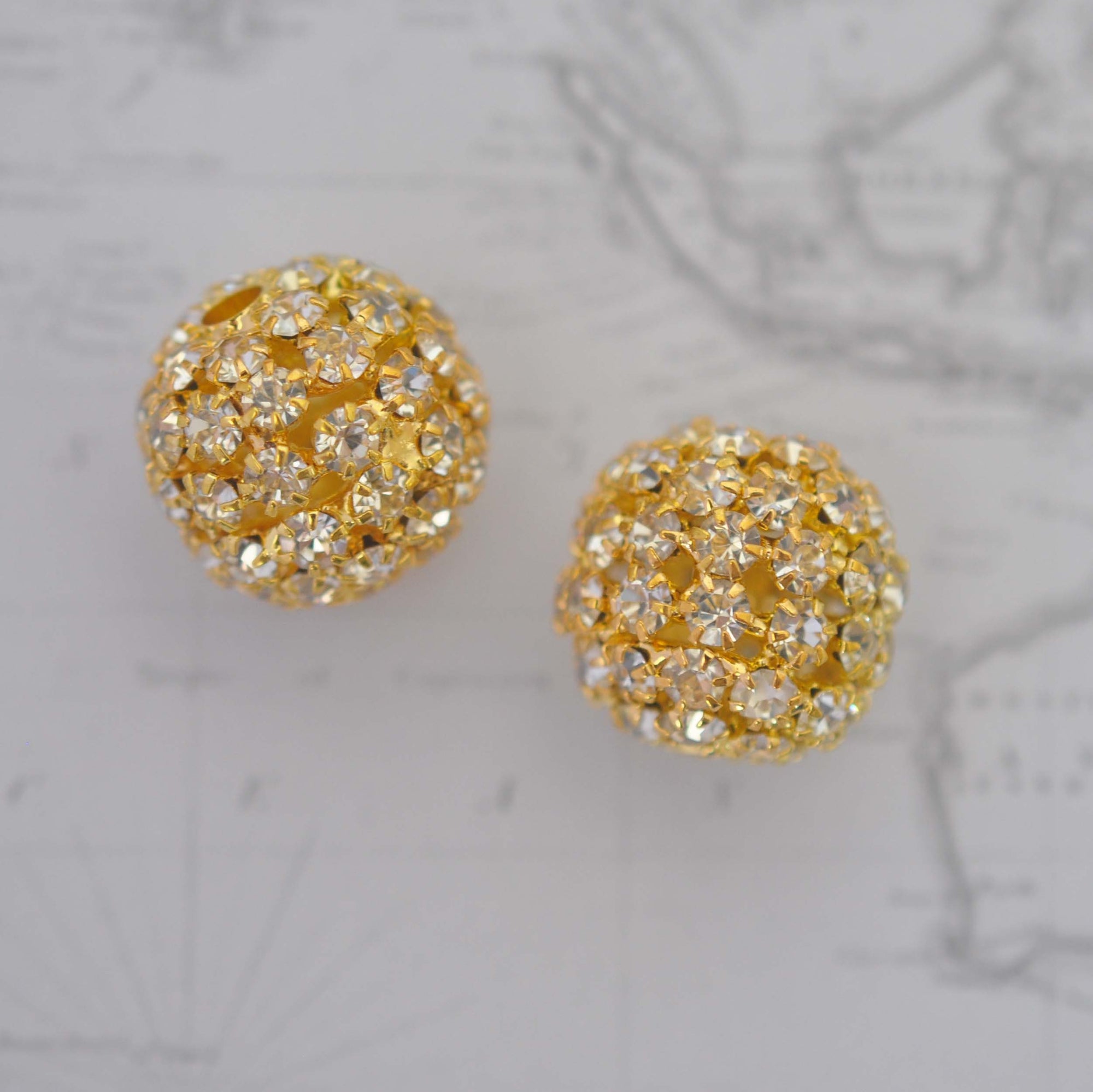 Large Gold Plated Rhinestone Bead Balls 18MM - Pair Of Bead Balls (2 Pieces)