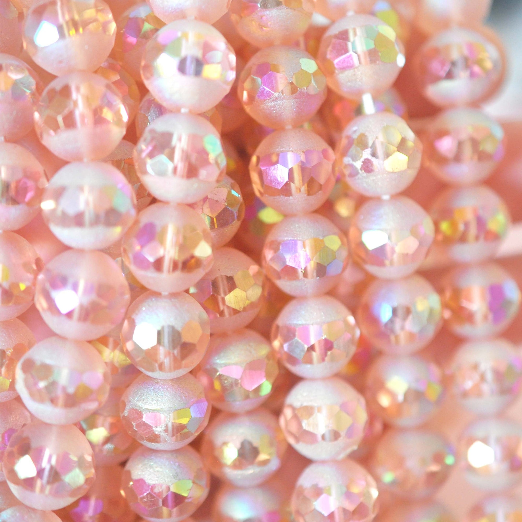 Pink Candy 13MM Round Faceted Shimmer Band Vintage Glass Beads - 6 Beads