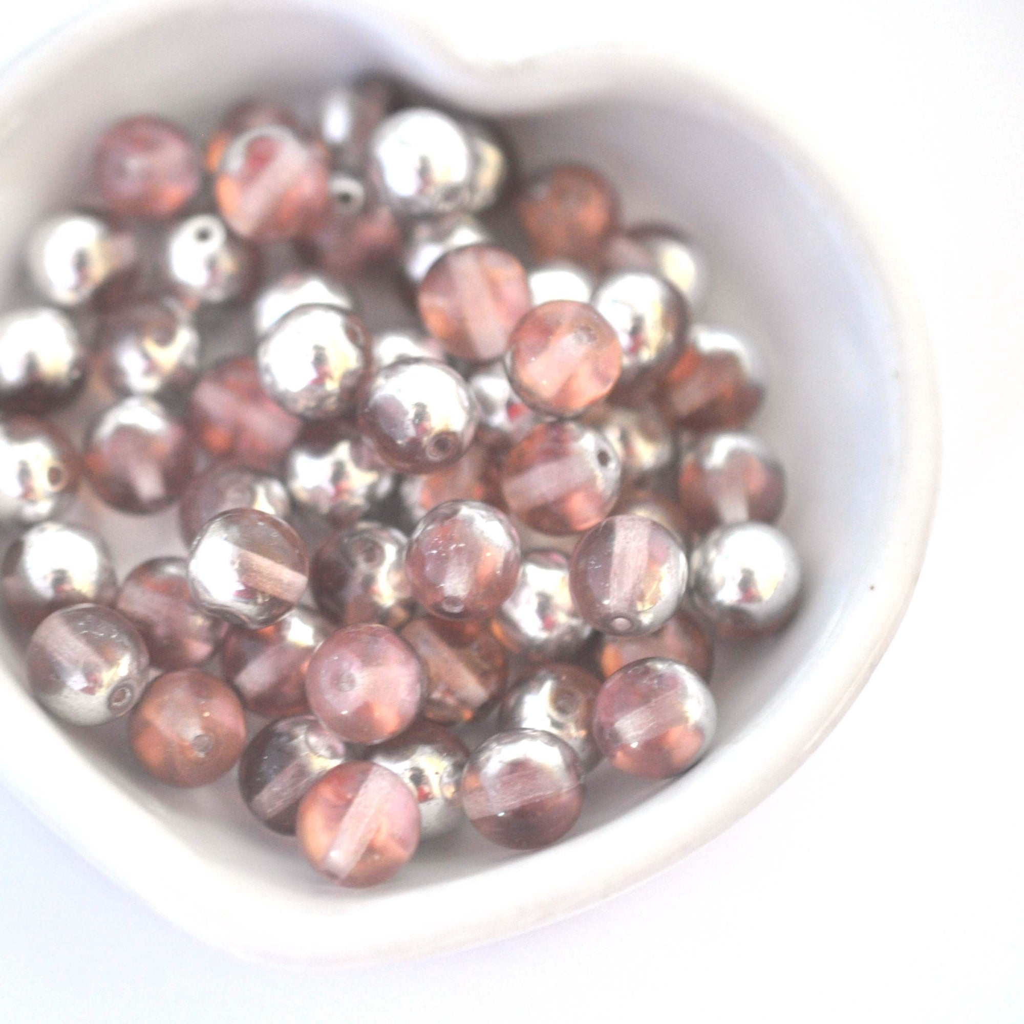 Silver Petals - Pink &amp; Silver Color 8MM Smooth Round Glass Beads - 24 Beads