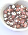 Silver Petals - Pink & Silver Color 8MM Smooth Round Glass Beads - 24 Beads