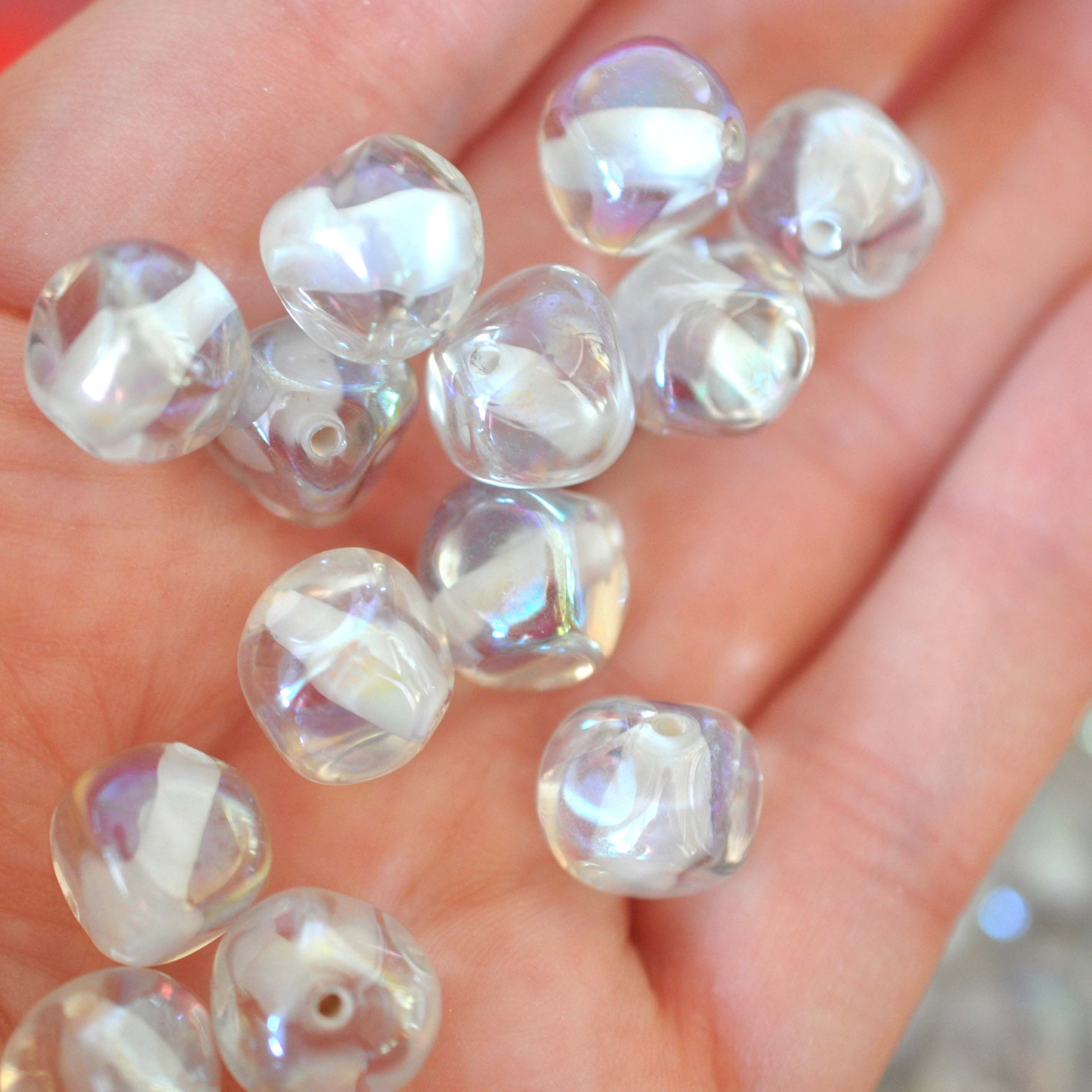 White Shimmer 12MM Glass Beads Vintage West German - 6 Pieces