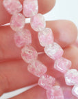 Pink Ice Crackle 8MM Squished Square Vintage Glass Beads - 12 Beads