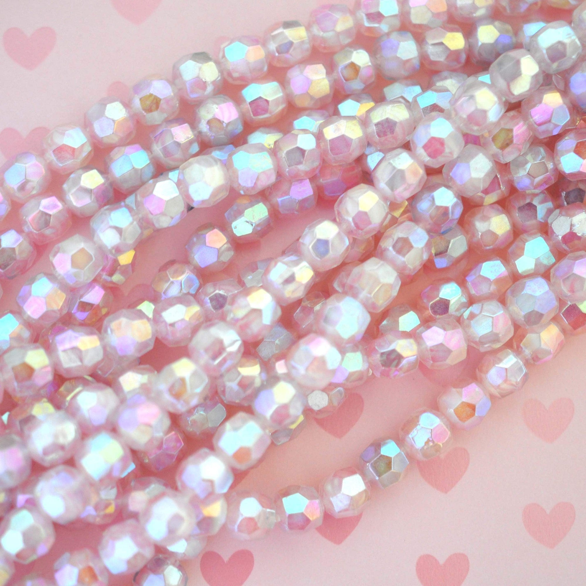Sweetheart Pink 8MM Round Faceted Shimmer Swirl Vintage Glass Beads - 12 Beads