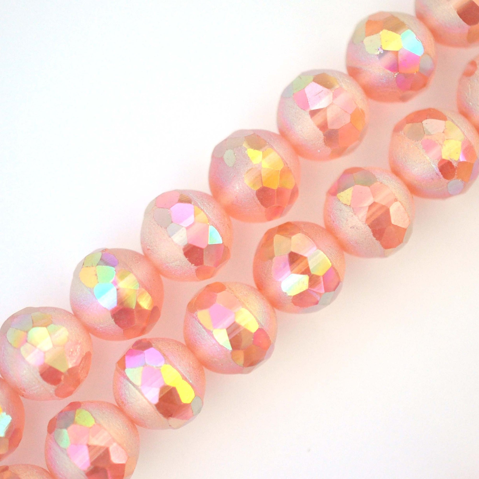 Pink Candy 13MM Round Faceted Shimmer Band Vintage Glass Beads - 6 Beads