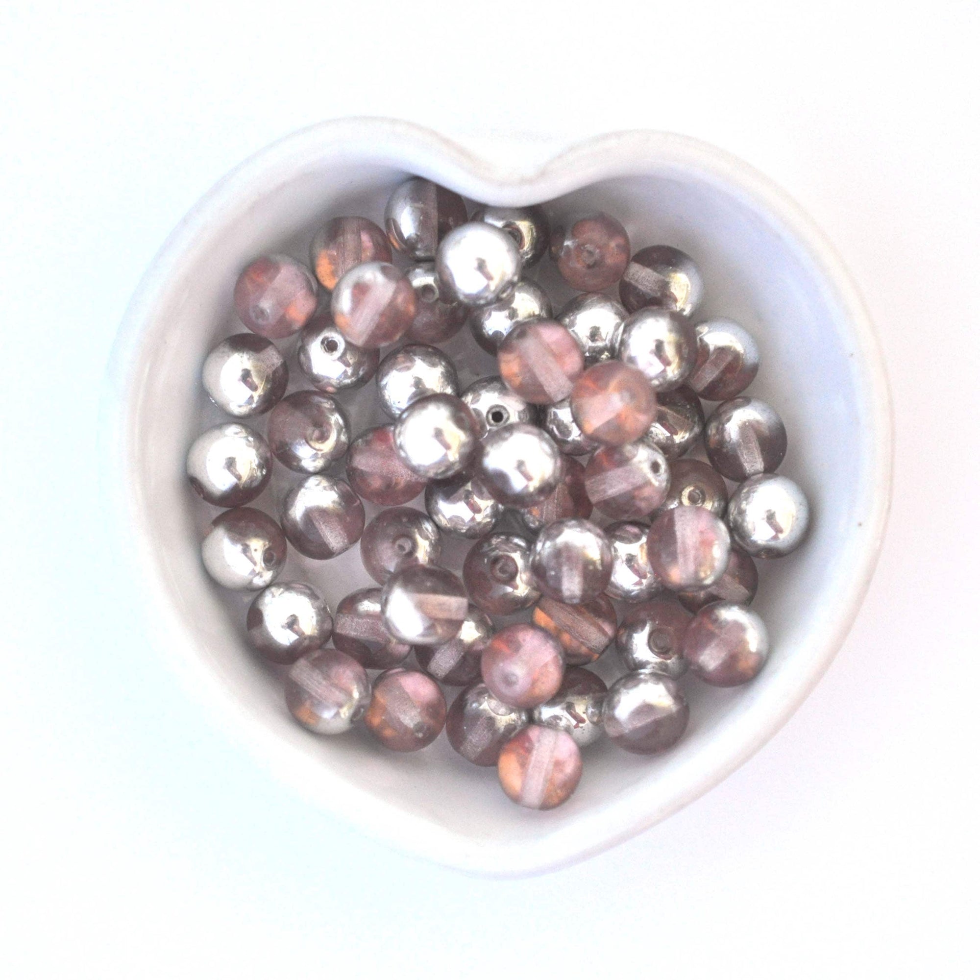 Silver Petals - Pink &amp; Silver Color 8MM Smooth Round Glass Beads - 24 Beads