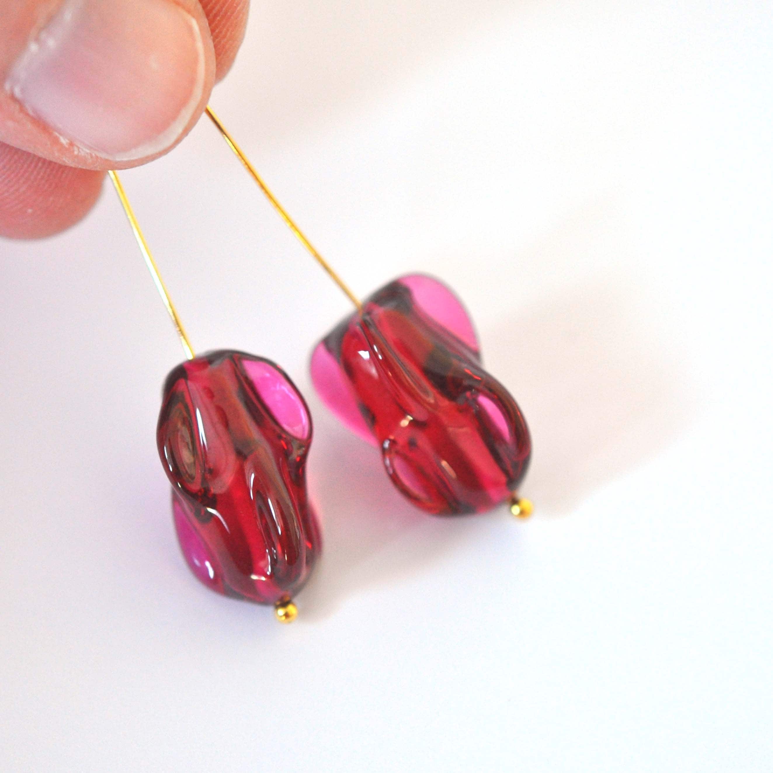 Ruby Red 18x12MM Fancy &amp; Fun Shape Vintage Glass Beads - 2 Beads