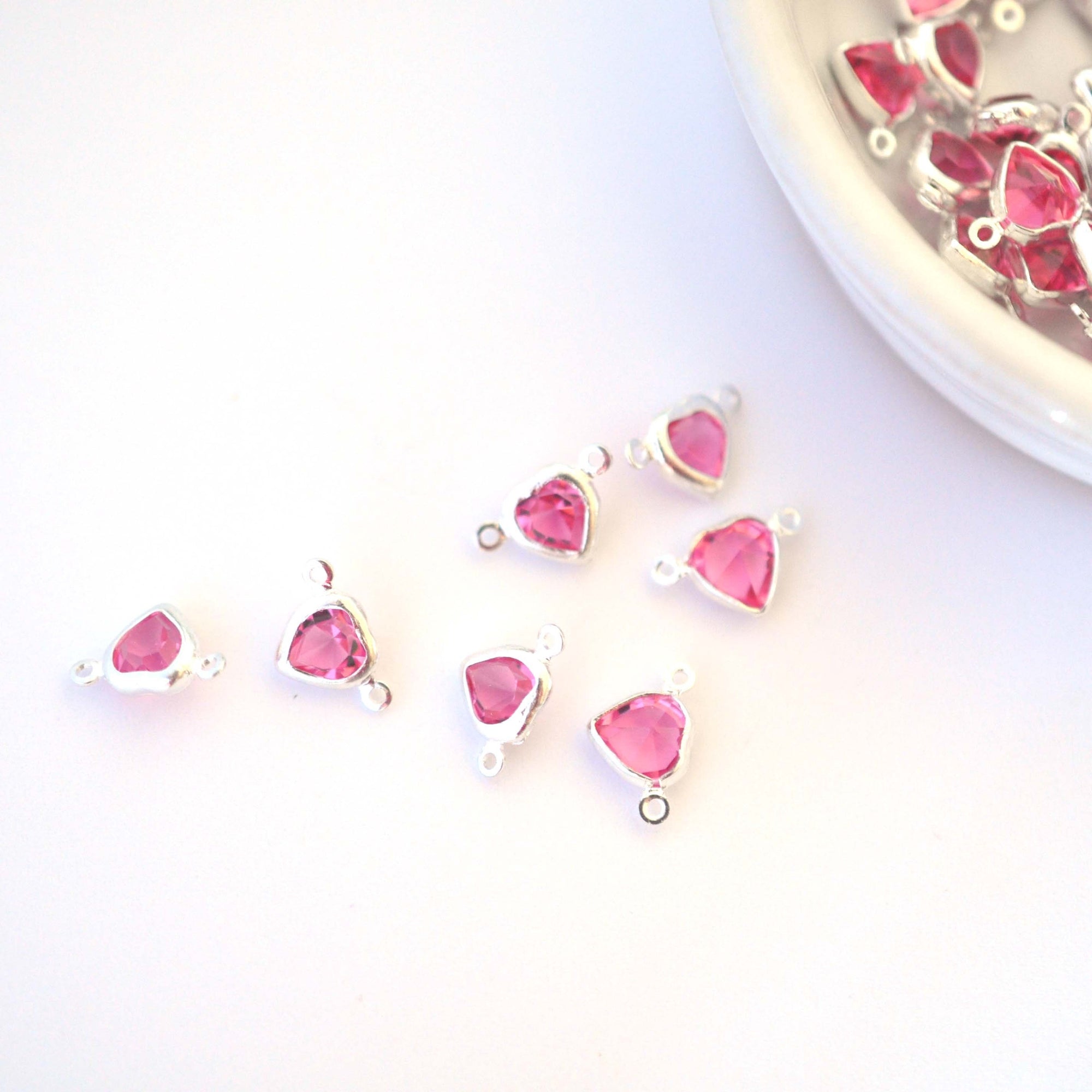 Tiny Pink Heart Connector Charms Silver Plated Barton Crystal- 12 Pieces